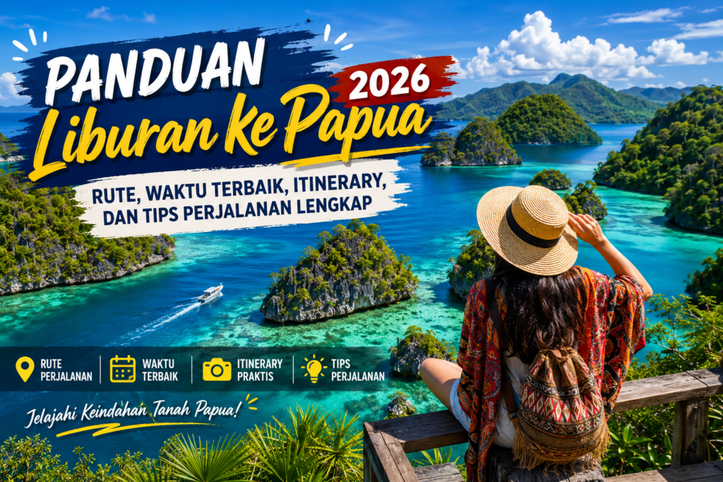 Pemandangan alam Papua dengan danau, bukit hijau, dan langit biru sebagai ilustrasi panduan liburan ke Papua 2026