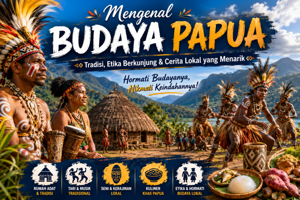 Ilustrasi masyarakat Papua dengan pakaian tradisional, rumah honai, dan latar pegunungan sebagai gambaran budaya Papua