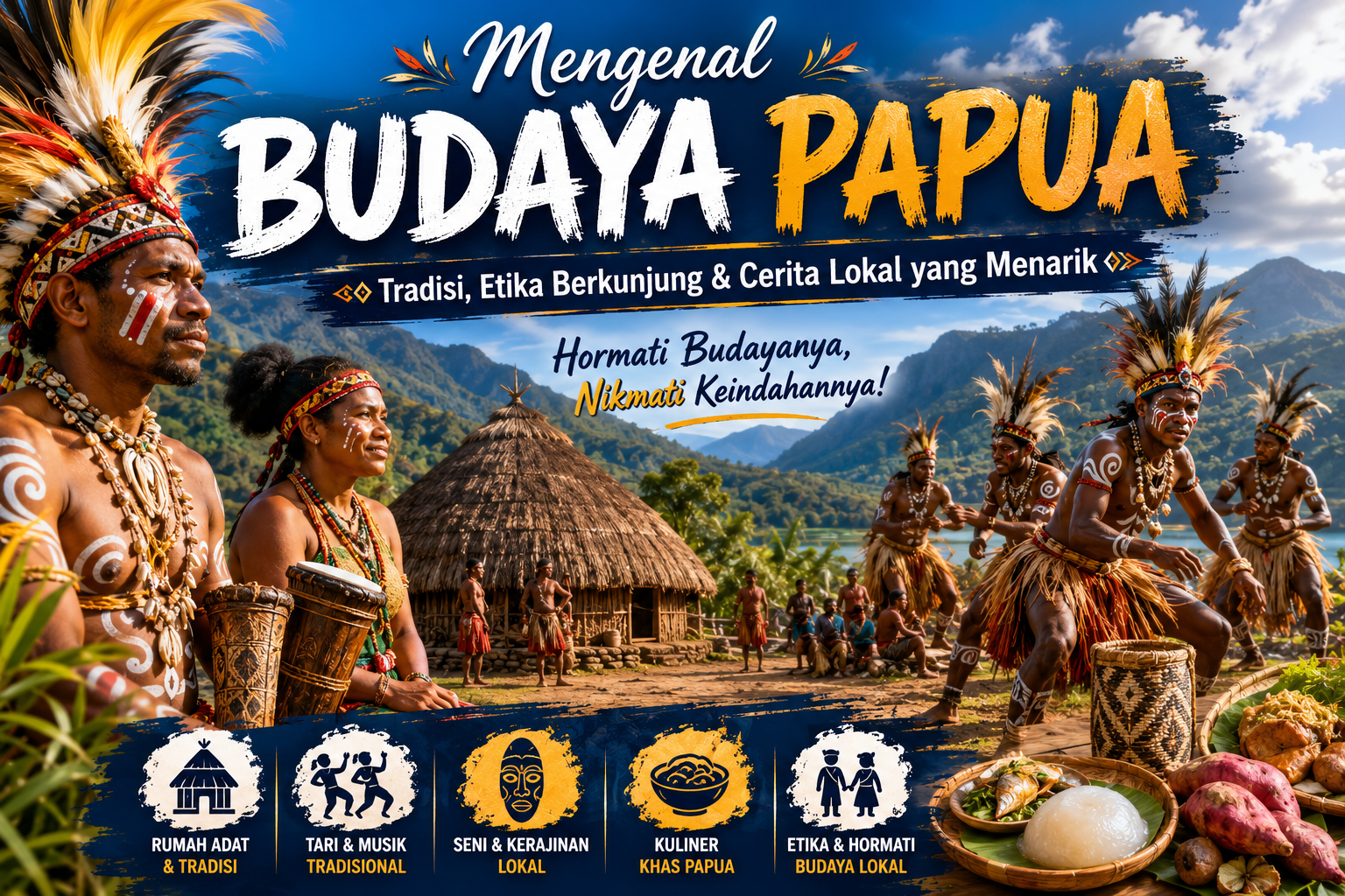 Ilustrasi masyarakat Papua dengan pakaian tradisional, rumah honai, dan latar pegunungan sebagai gambaran budaya Papua