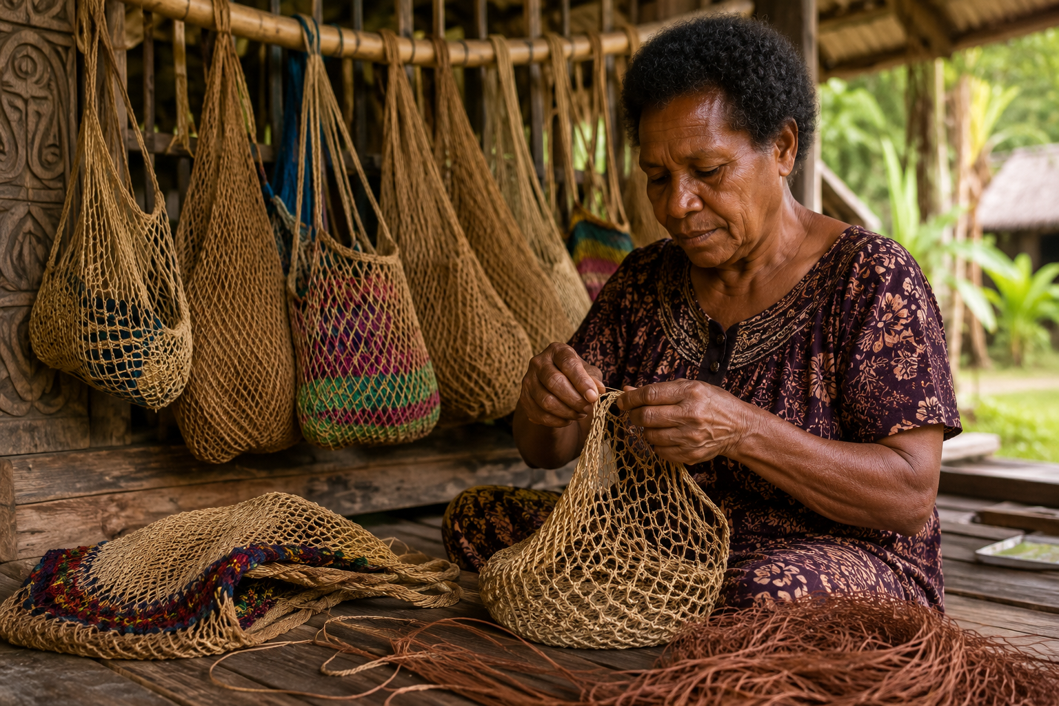 Pengrajin sedang membuat noken Papua dari serat alami dengan beberapa tas tradisional tergantung di latar belakang