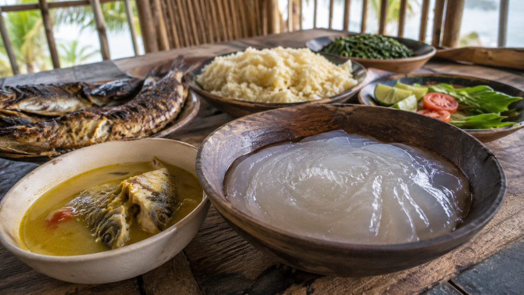 Hidangan kuliner khas Papua berupa papeda, ikan kuah kuning, sagu, dan makanan lokal di atas meja tradisional