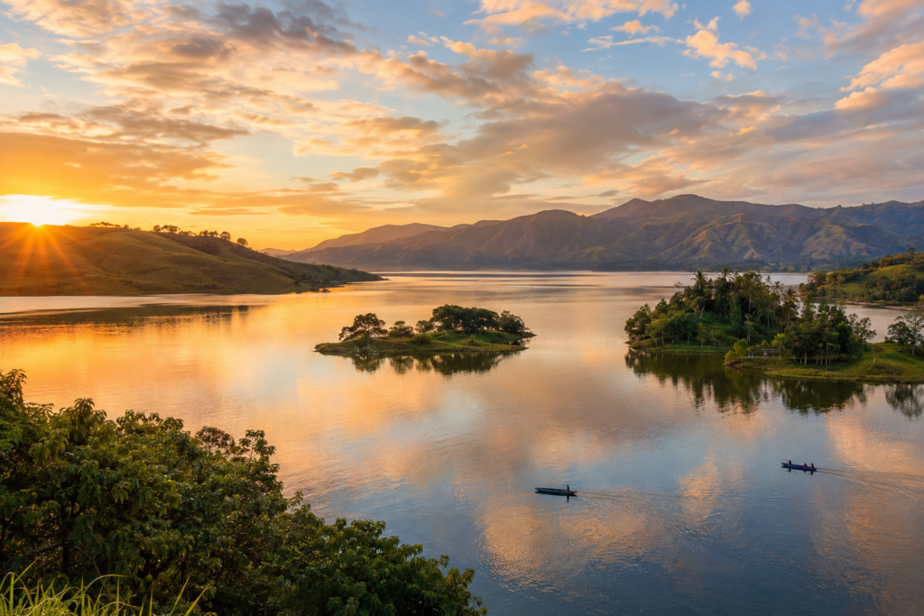Pemandangan Danau Sentani Papua saat sunrise dengan air danau tenang, pulau kecil, perahu tradisional, dan perbukitan hijau