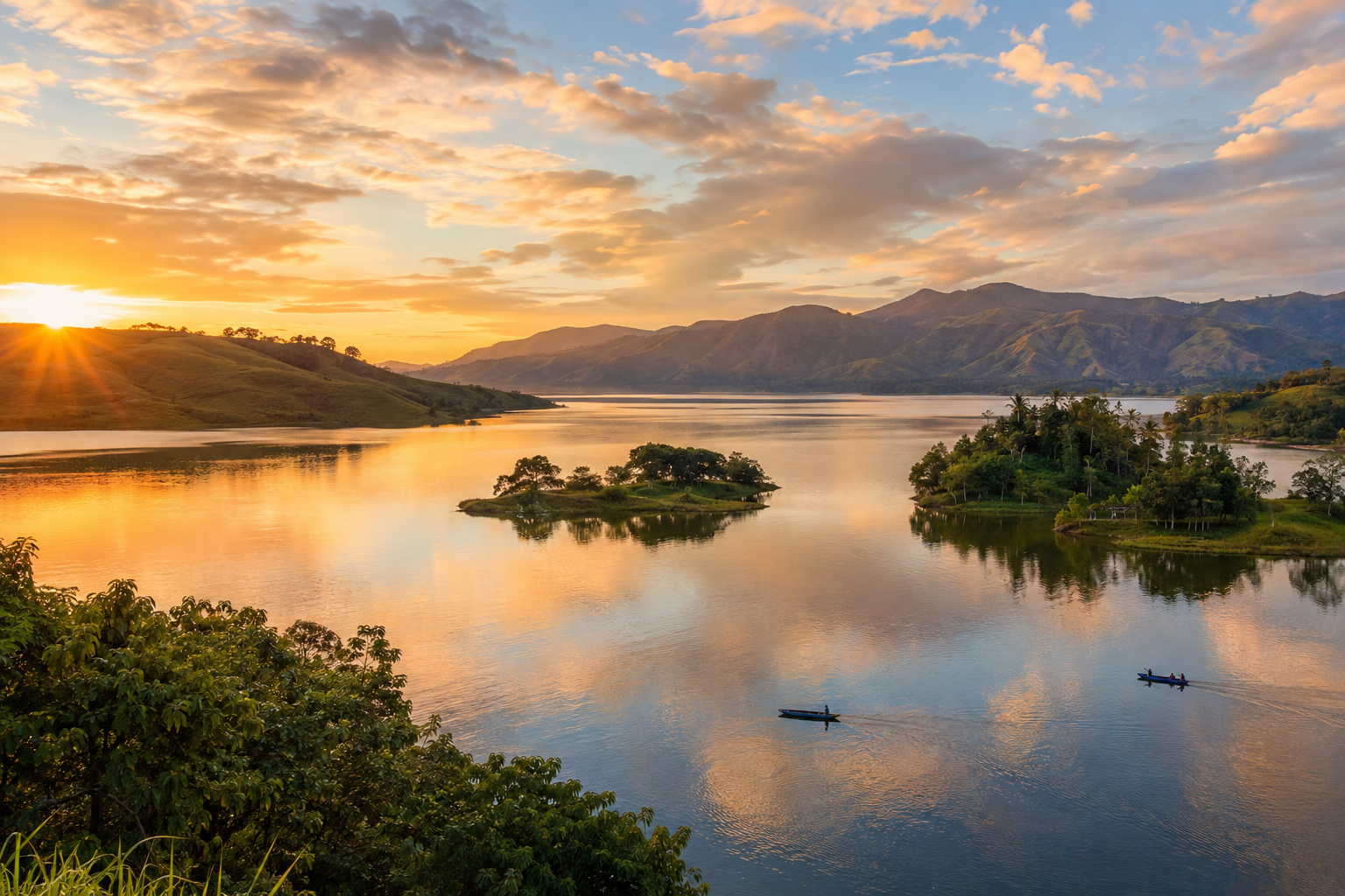 Pemandangan Danau Sentani Papua saat sunrise dengan air danau tenang, pulau kecil, perahu tradisional, dan perbukitan hijau